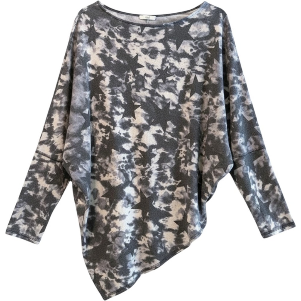 Easel Top Grey Tie Dye Star‎ Print Boho Asymmetrical Batwing Women M